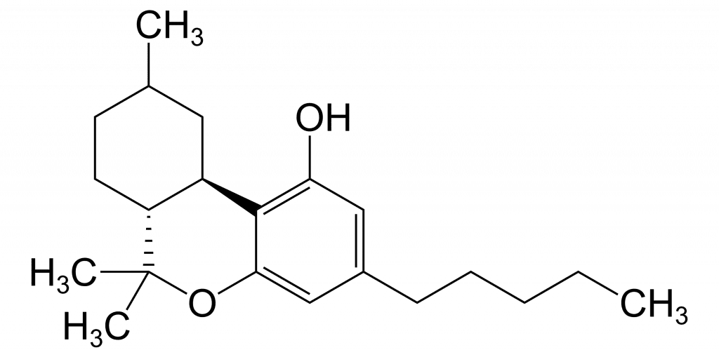 Hexahydrocannabinol structure with methyl groups by Meodipt (Wikipedia)